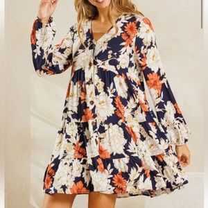 Navy Floral Babydoll Long Sleeve Dress